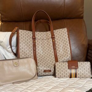 Fossil Beige and Brown Patterned Tote Bag with Wristlet and Wallet